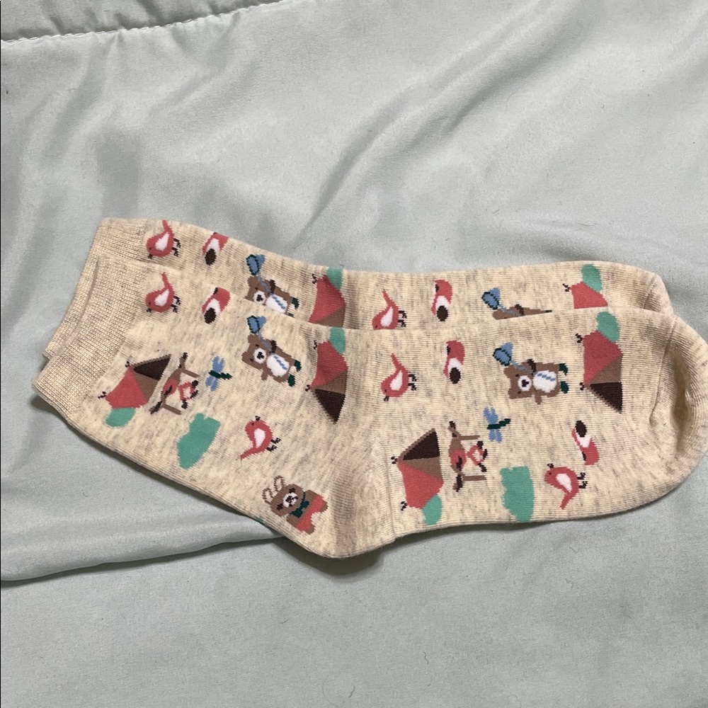 Beige Novelty Camping Print Crew Socks - Men